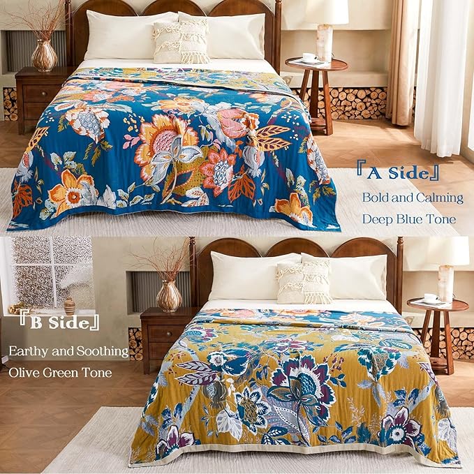 Boho Throw Blanket, Blue Lightweight Blankets for Summer, 100% Cotton Bohemian Decorative Throw Blanket, 80"x90" Reversible Muslin Breathable Woven Farmhouse Blankets Quilt,