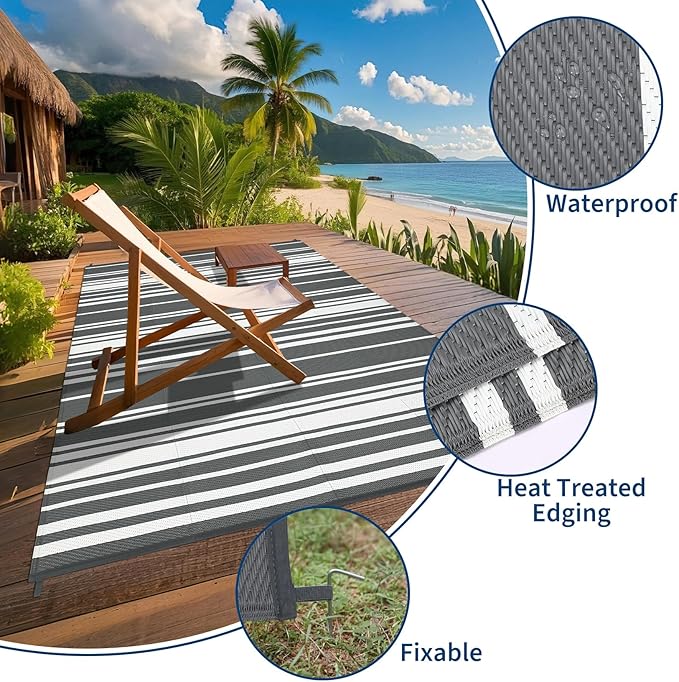 Waterproof Outdoor Rug 8x10 Contemporary Reversible Plastic Straw Rug, Easy Cleaning Striped Patio Carpet, UV-Resistant Indoor Outdoor Floor Cover for RV, Porch, Deck, Backyard, Grey