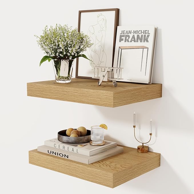 12 Inch Deep Floating Shelves, 16 x 12 Floating Shelf for Books, Rustic Wood Deep Wall Shelves for Home Storage & Display, 2" Thicked Shelves for Kitchen, Living Room, Bedroom, Oak Color, 2 Pack