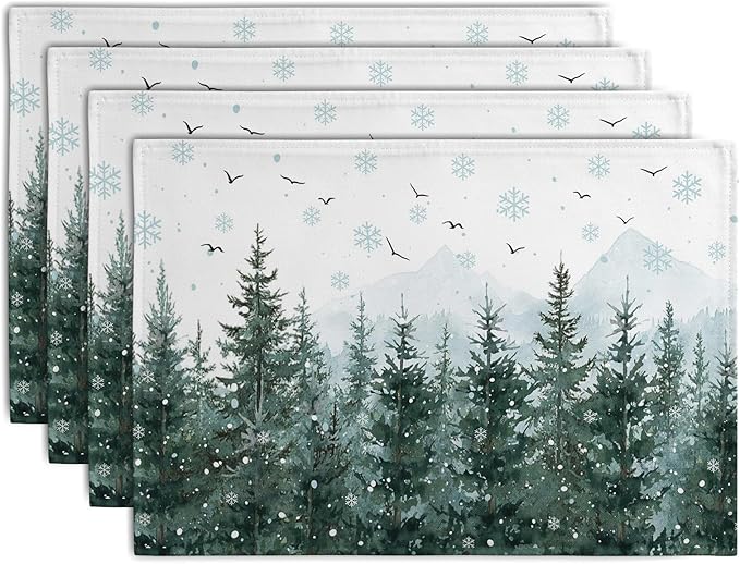 Winter Pine Tree Snowflake Placemats Set of 4 Christmas Snow Green Forest Place Mat 12x18 Inch Seasonal Xmas Holiday Rustic Nature Washable Fabric Table Mats for Farmhouse Kitchen Dining Decoration