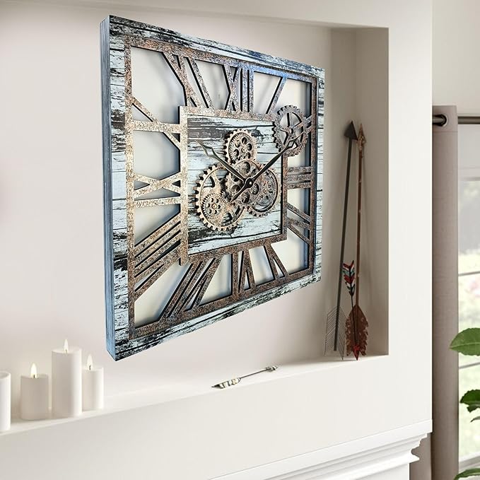 The Gears Clock 24'' Inch Square Real Moving Gear Wall Clock Vintage Industrial Oversized Rustic Farmhouse (Grey and White)