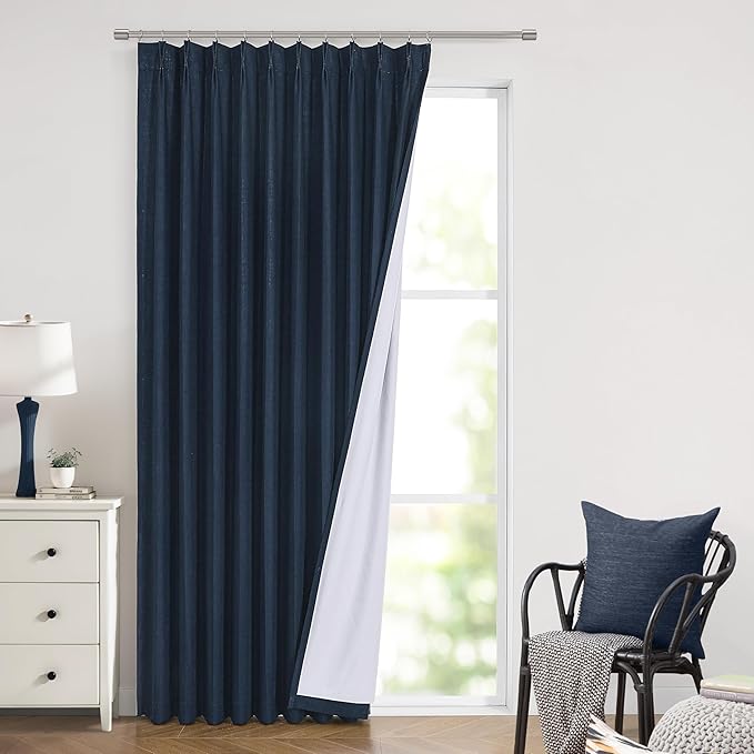 Vision Home Navy Blue Pinch Pleated Full Blackout Curtains Linen Blended Room Darkening Window Panels 90 inch for Living Room Bedroom Thermal Insulated Pinch Pleat Drapes with Hooks 60" Wx90 Lx1