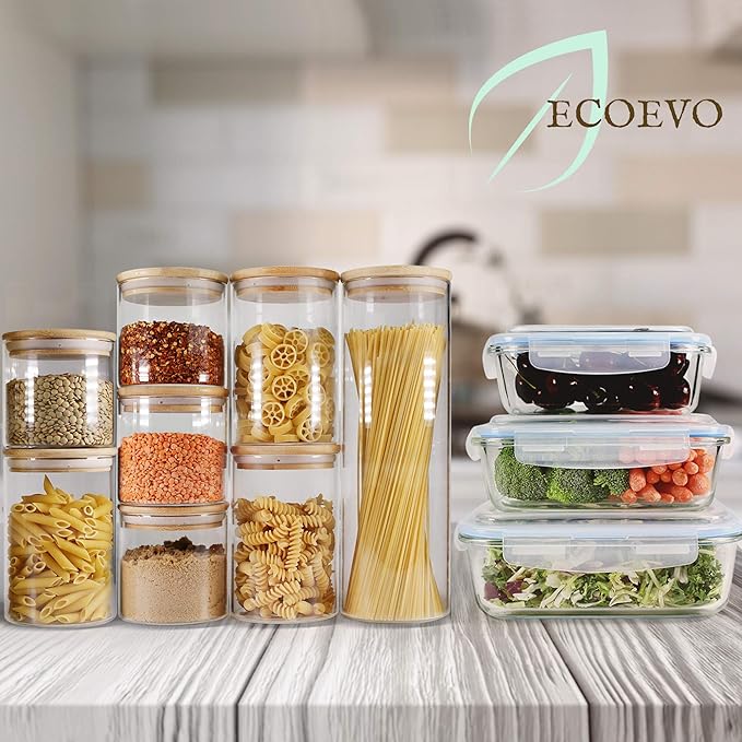 Glass Jars with Bamboo Lids (27oz in 6 Pack), Glass Food Jars and Canisters Sets, Food Storage Container with Airtight Lids, Food Pantry Jars,