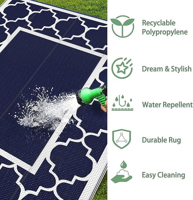 GENIMO Outdoor Rug Waterproof for Patio Decor, 8'x10' Reversible Plastic Straw Rug Carpet, Camping Mats for Outdoor, RV, Backyard, Deck, Balcony, Picnic, Blue & White