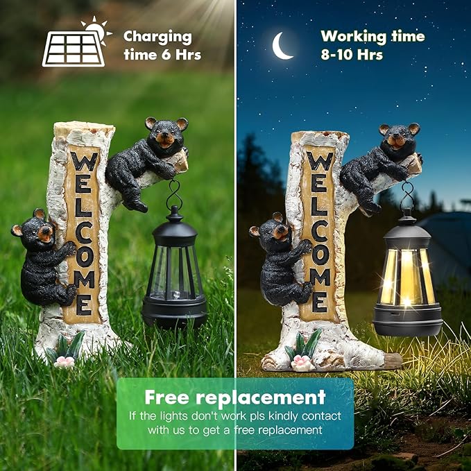 Json Garden Bear Statue with Solar LED Lantern, Gifts for Mom Yard Art, Whimsical Figurine Large Sculpture Lighted Outdoor Mother's Day Spring Decorations for Lawn, Porch