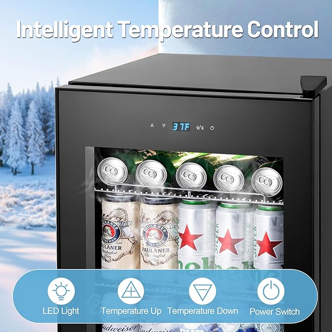 Beverage Refrigerator Cooler, 17 Inch 120 Cans Freestanding Mini Fridge with Glass Door, Adjustable Shelves and LED Light, Small Drink Fridge Counter-top Beer Fridge for Bedroom Office Bar