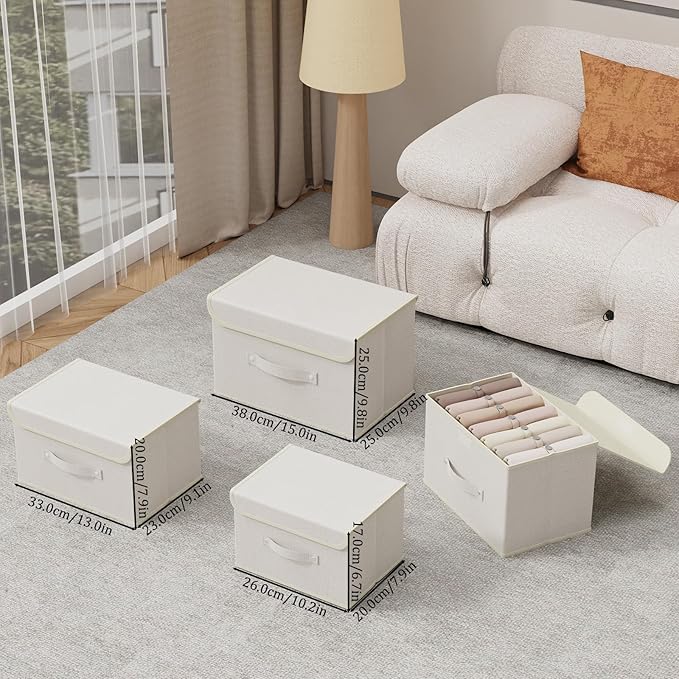 Storage Boxes, Collapsible Storage Bins with Lids, Cotton and linen cloth Storage Baskets with Handle, for Books, Closet, Bedroom, Home, 15x9.8x9.8 in, Beige