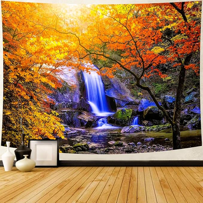 Delur Waterfall Tapestry Forest Nature Scenic Tree Mountain Sunset Tapestry Wall Hanging Natural Landscape Sunrise Headboard for Bedroom Living Room Home Decor (51.2" x 59.1")