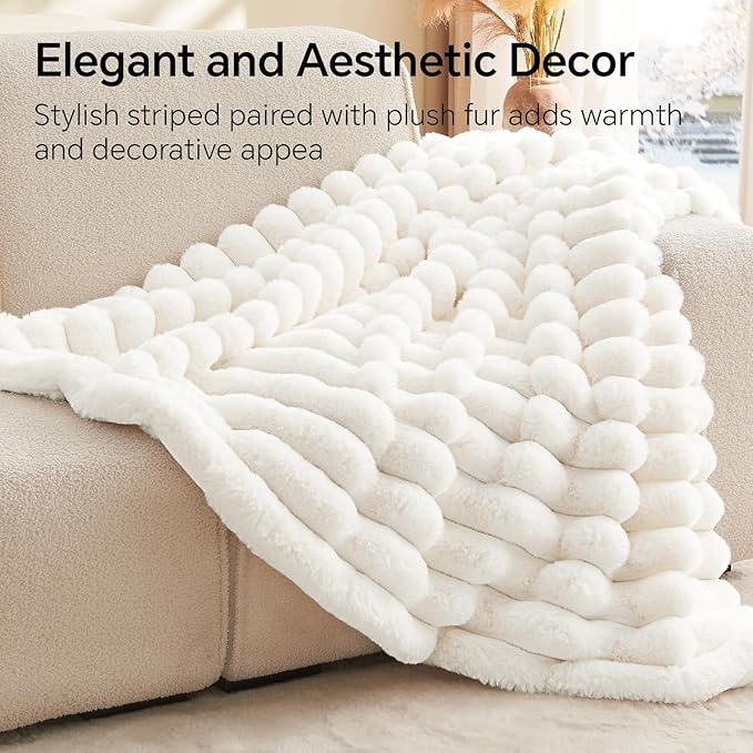 BEDELITE Faux Fur Throw Blanket for Couch, Soft and Cozy Luxurious 3D Striped Fluffy Blanket, 770GSM Thick Warm Plush Fuzzy Faux Rabbit Fur Blanket for Women Gift (Cream, 60"x 80")