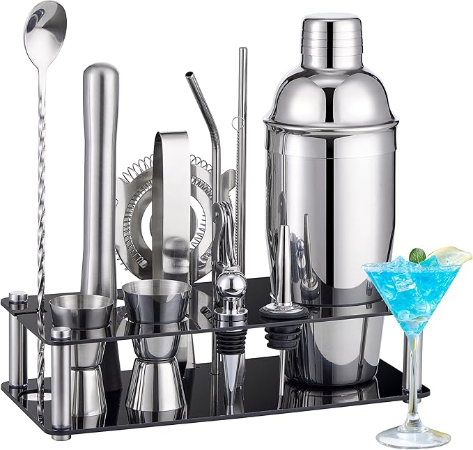 Cocktail Shaker Set Bartender Kit : 15-Piece Stainless Steel Bartender Kit with Acrylic Stand Bars Set with All Practical Bars Accessories, Bar Tools for Drink Mixing, Bar, Home, Lounge & Party