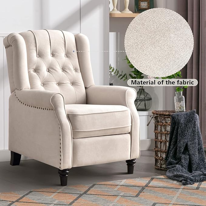 CANMOV Push Back Recliner Chair,Accent Chair,Mid Century Wingback Recliner, Fabric Push Back Recliner Chair Single Armchair Sofa with Rivet Decoration, Button-Tufted Back for Living Room, White