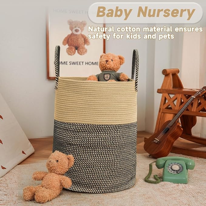 Large Woven Laundry Basket Hamper,100L Cotton Rope Storage Bin for Blankets,Toys and Clothes,Decorative Tall Nursery Hamper for Living Room,Baby Nursery,Bathroom and Bedroom,Brown and Black