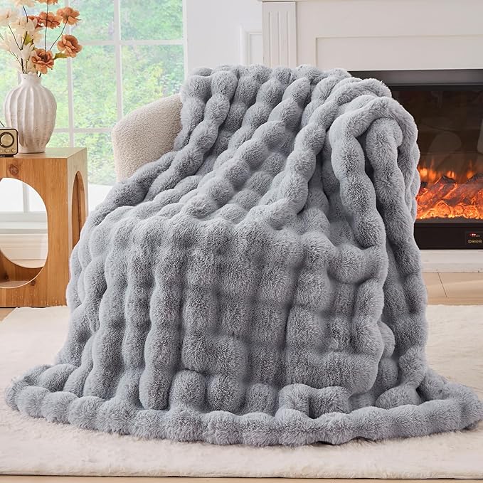 BENVWE Fluffy Faux Fur Throw Blanket for Couch, Soft Plush Thick Cozy Fuzzy Luxury Minky Bubble Blanket for Home Living Room Decor Gift for Women, Light Grey, 51" x 63", 1100GSM