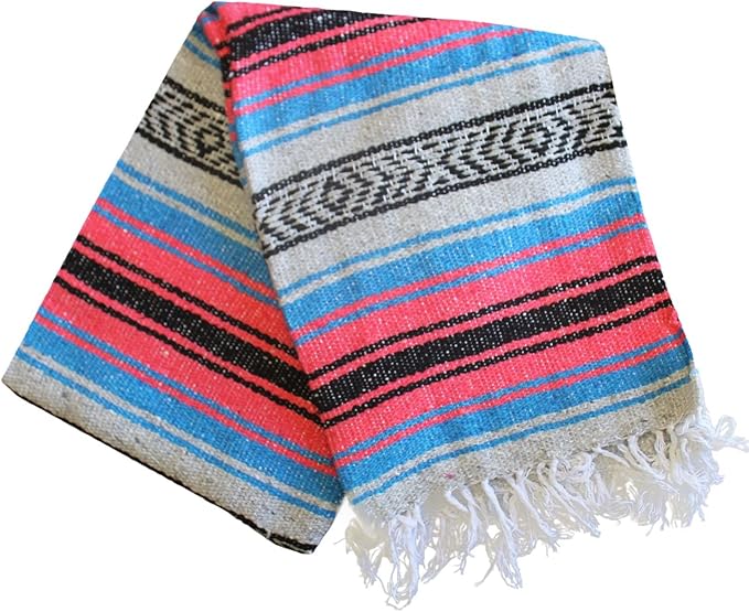 Del Mex Classic Mexican Blanket, Large Authentic Woven Falsa Throw (70"x50"), Artisan Southwest Décor for Beach, Yoga, Outdoors (Salmon/Blue)