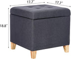 Adeco Fabric Storage Ottoman Bench with Solid Wood Legs, 17.7" Square Dark Grey Cotton Linen Cube Foot Stool, Upholstered Button Tufted Vanity Chair with Hinged Lid for Living Room, Bedroom, Dorm