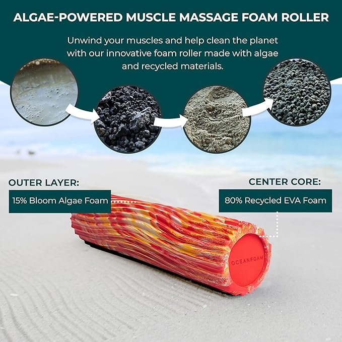 Oceanfoam Tidal Roller - Red, Gold & Natural Marbled - Muscle Massage Foam Roller for Back Pain & Stretching - Firm and Ergonomic Wide Wave Textured - Yoga, Athletics, & Wellness - Full Size, 20" x 5"