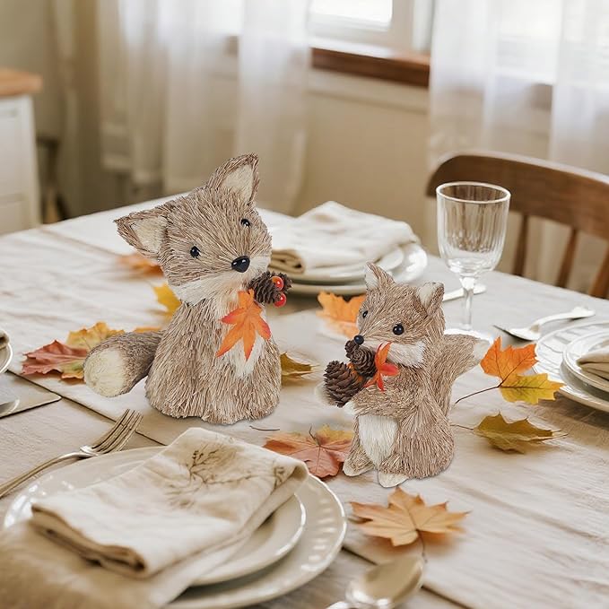 winemana Fall Decor Thanksgiving Decoration Sisal Fox, Set of 2 Table Centerpiece Foxes Animals Figurines, Handmade Ornaments Autumn Fall Decorations for Home Mantel Fireplace