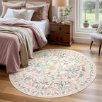 Wonnitar Pink Floral Round Rugs 5ft, Soft Circle Rug Non Slip Washable Round Carpet, Boho Non-Shedding Flower Distressed Circle Carpets for Bedroom Girls Room Nursery