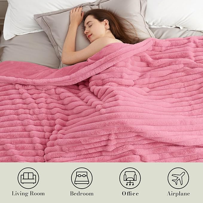 Amélie Home Faux Fur Throw Blanket for Couch, Cozy Fuzzy Fluffy Fur Luxurious Soft Striped Plush Gift Blankets for Family Sofa Chair Bed Living Room Bedroom, 55"x70", Pink