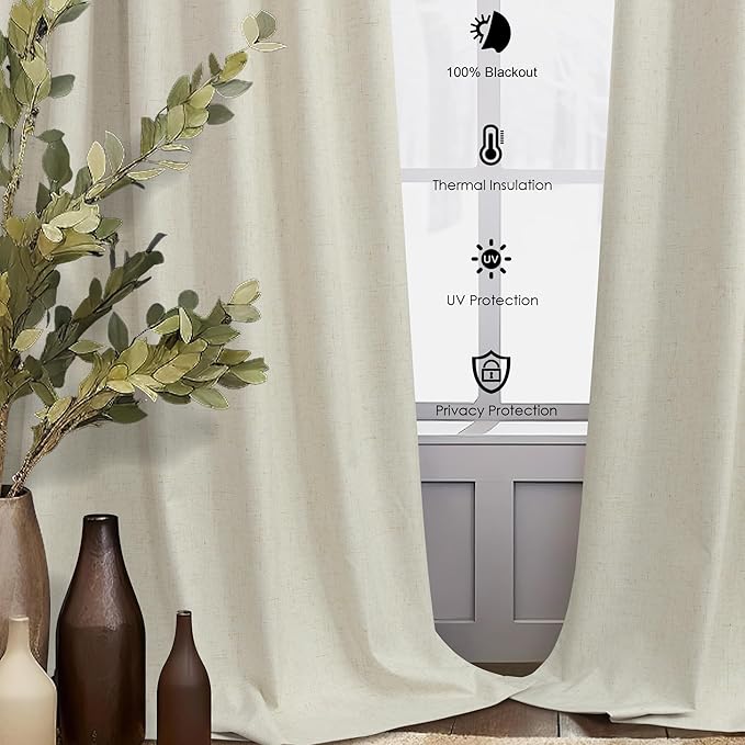 Flax Linen Blackout Living Room Curtain 84 Inch Long 2 Panel Tan Beige Black Out Burlap Farmhouse Insulated Thermal Curtain for Summer Heat Nursery Room Darkening Drapes Bedroom Back Tab 52x84 Length
