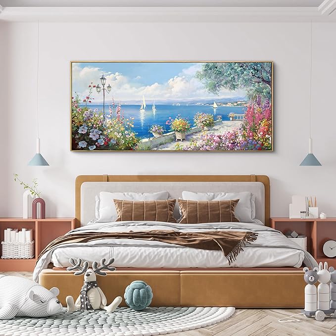 XLSJERST Extra Large Coastal Wall Art - Ocean Seascape Canvas Yellow Green Flowers Painting Landscape Sailboat Picture Artwork Modern Large Framed for Living Room Bedroom Home Office Decor