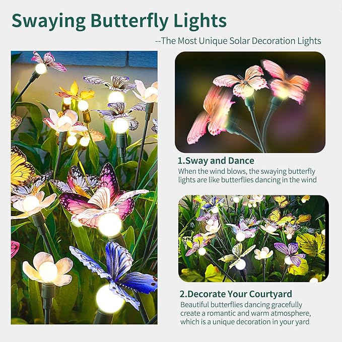Solar Garden Lights,2packs-16LED,Outdoor Solar Powered Decor for Yard, Patio, Pathway, IP65 Waterproof Butterfly Lights