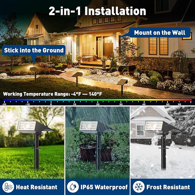 Solar Spot Lights Outdoor, 2 Pack Outdoor Solar Lights for Yard Waterproof, 4 Lighting Modes Solar Landscape Spotlights, Auto On/Off Solar Powered Flood Lights Garden Pathway (Warm White)