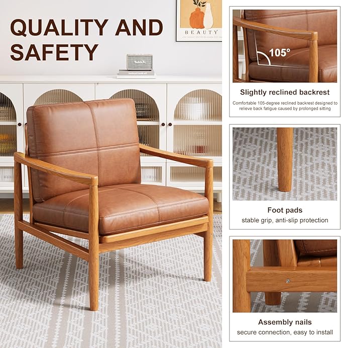 Mid Century Modern Accent Chair, Wooden Accent Chairs, Accent Chairs for Living Room, Wood Frame & Soft Cushion, Reading Leisure Chair for Living Room, Reading Room, Bedroom