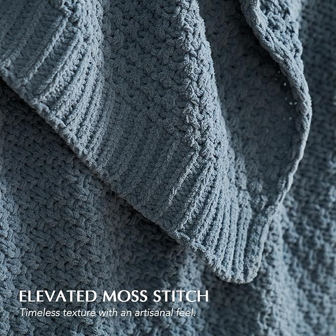 Chunky Chenille Knit Throw Blanket for Couch, Soft Luxurious Moss Stitch Blankets for Bed, Cozy Decorative Farmhouse Knitted Throws for Sofa, Stormy Blue, 50" x 60"