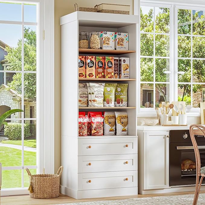 Vyre 71" Tall Farmhouse Bookshelves with Drawers, Set of 2 – Large Modular Bookcase with Adjustable Shelves, Storage Cabinet for Living Room, Kitchen, Home Office, White