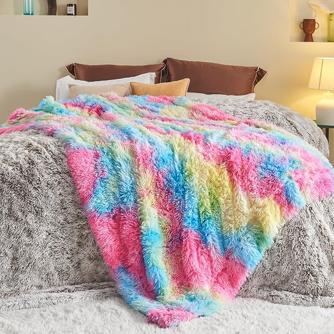 GONAAP Fuzzy Faux Fur Throw Blanket Twin Size Dark Rainbow Super Soft Cozy Plush Fuzzy Shaggy Blanket for Couch Sofa Bed (Dark Rainbow, Twin(60"x80"))