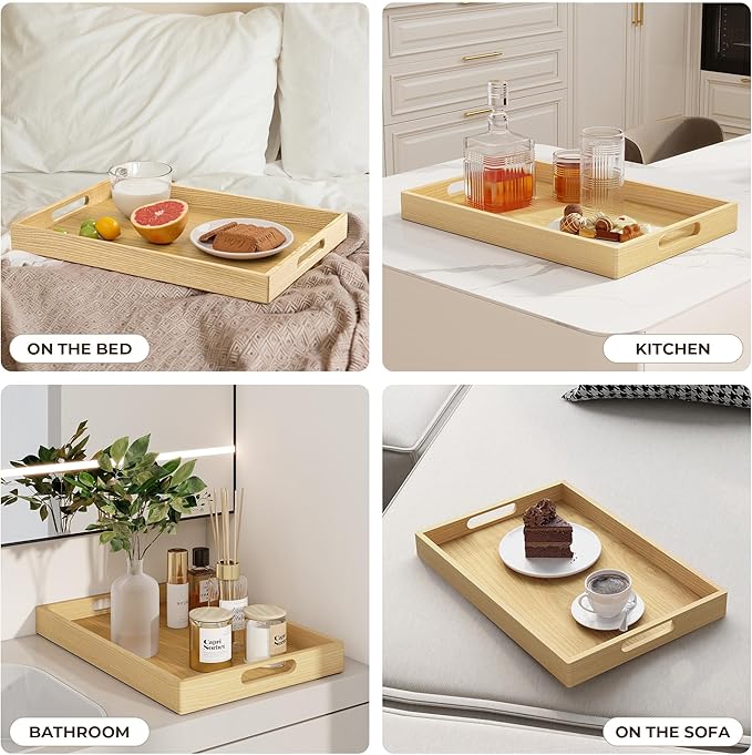 Axeman Wooden Serving Tray with Wood Handles|Ottoman Tray for Breakfast, Bed, Couch|17x12in Ash Wood Coffee Table Trays|Food Drinks Decorative Storage Boards for Ottoman Kitchen, Natural