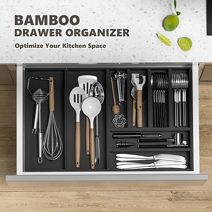 Kitchen Drawer Organizer Bins, Black Bamboo Drawer Organizer Stackable for Silverware, Utensils, Cutlery, Flatware, Junk Drawer, Dresser, Bathroom, 9" x 3" x 2.5" (Set of 2)