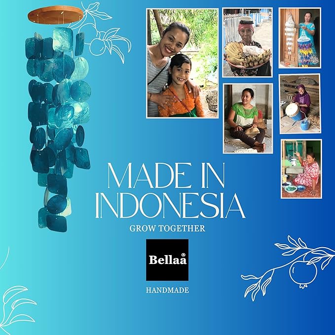 Bellaa 24872 Wind Chimes Outdoor, Garden Decorations, Musical, Indoor/Outside Windchimes, Beach, Ocean Breeze, Gifts for Mom, Gift for All Occasions, Sea Glass Shells Wood Red Blue Yellow White