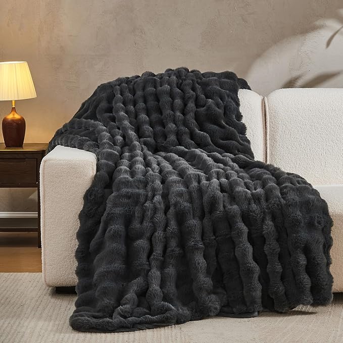Lotus Karen Faux Fur Blanket Dark Gray Twin Size - Big Bubble Rabbit Fluff Throws for Couch Small Fluffy Fuzzy Cozy Thick Furry Plush Shaggy Blankets 60x80 Inches