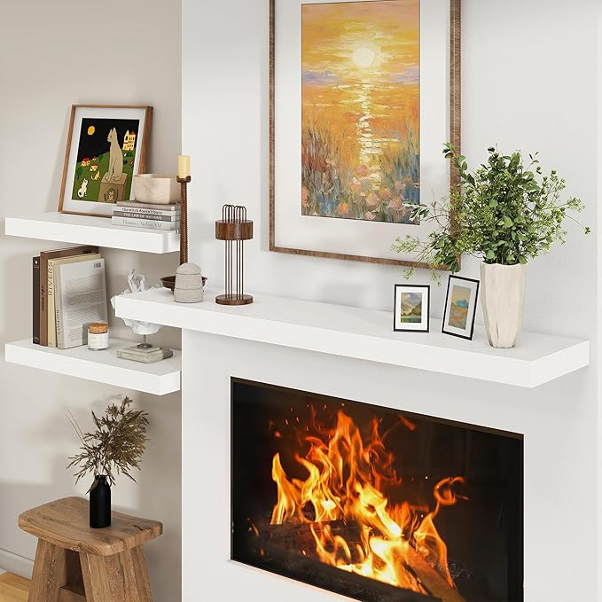 White Floating Shelves for Wall - 55 Inch Wide x 12 Inch Deep Wall Shelves Set of 1 - Rustic White Wood Shelves for Living Room, Bathroom, Laundry Room, Bedroom, Kitchen, Home Office