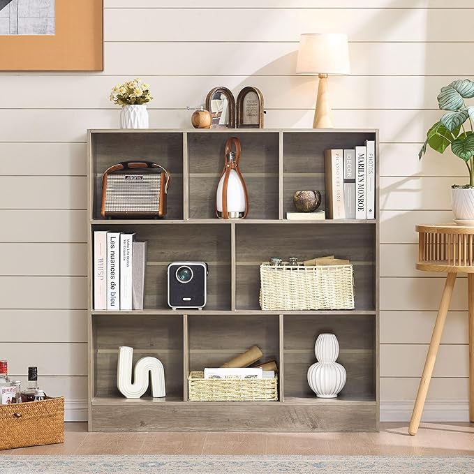 LEYAOYAO 8 Cube Bookshelf with Base,3 Tier Mid-Century Modern Grey Bookcase,Standing Wide Bookshelves Storage Organizer Shelf,Rustic Wood Display Cabinet Book Shelves for Bedroom,Living Room,Office