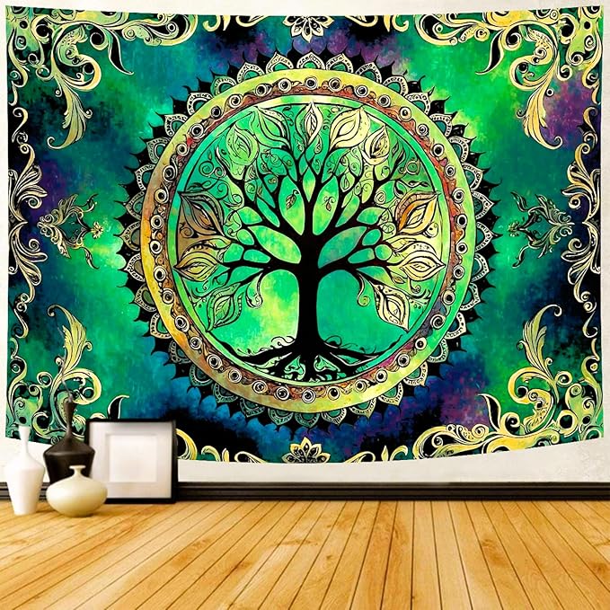 Delur Tree of Life Tapestry Green Nature Bohemian Mandala Spiritual Tapestry Wall Hanging Mystical Landscape Hippie Psychedelic Headboard for Bedroom Living Room Home Decor (59.1" x 78.7")