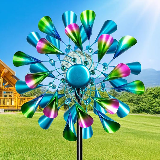60'' Wind Spinner with Color Glass Ball Solar Lights, Green Peacock Feathers Metal Garden Outdoor Decor Yard Lawn Art Decor for Patio Kinetic Windmills Unique Gifts for Friends and Family