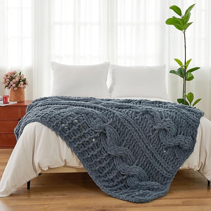Esterra Chunky Knit Blanket Throw 50"x60", 100% Hand Knitted Chenille Throw Blanket, Cozy Soft Thick Cable Knit Throw Large Rope Knot Crochet Throw Blanket for Sofa Couch Bed, Blue Mirage