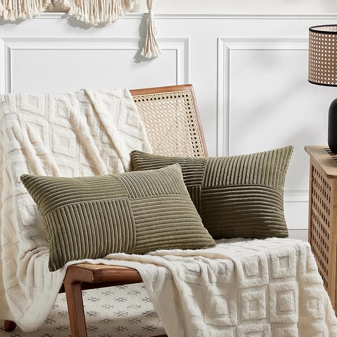 Fancy Homi 2 Packs Olive Green Lumbar Decorative Throw Pillow Covers 12x20 Inch for Living Room Couch Bed, Farmhouse Boho Home Decor, Soft Striped Corduroy Rectangle Accent Cushion Case 30x50 cm