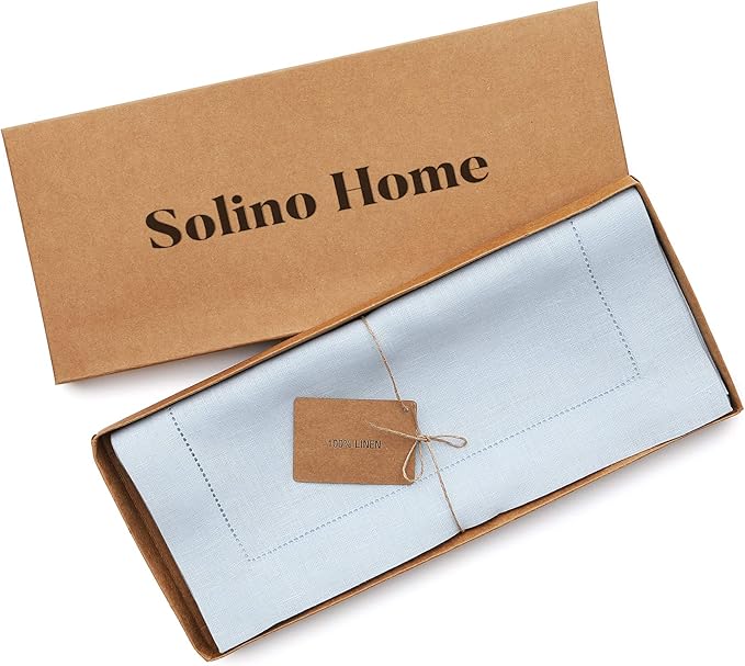 Solino Home Linen Light Blue Table Runner 120 Inches Long - 100% Pure Linen 14 x 120 Inch Table Runner - Classic Hemstitch