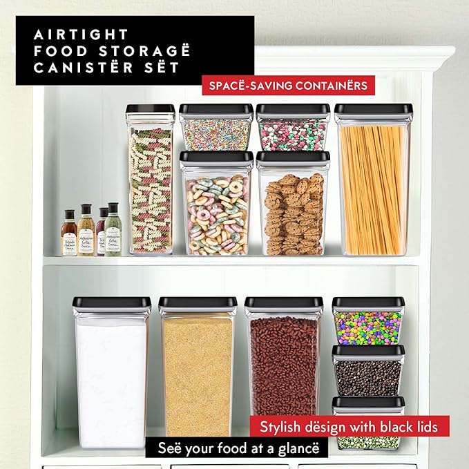 DWËLLZA KITCHEN Large Airtight Food Storage Containers - Clear Plastic Bulk Food Pantry & Kitchen Storage Containers for Flour, Sugar and Baking Supplies 4 Pcs. BPA-Free, Keeps Fresh & Dry (Black)
