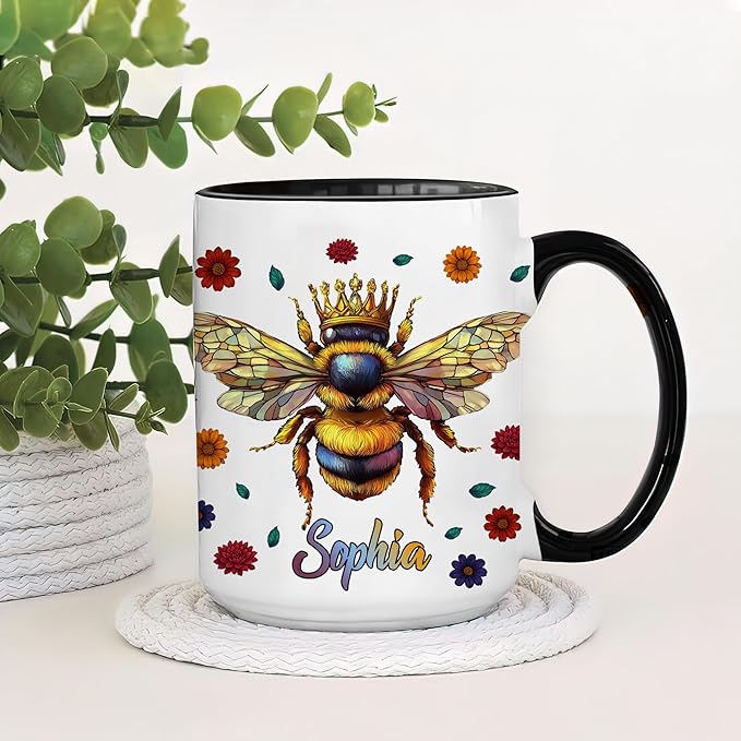 Hyturtle Personalized Floral Bee Mug - Bee Keeper Gifts For Women Lovers Teacher - Honey Gifts For Beekeeper Farmer On Birthday - Queen Honeycomb Decor - Custom Coffee Cup Ceramic Mug 11 Oz 15 Oz