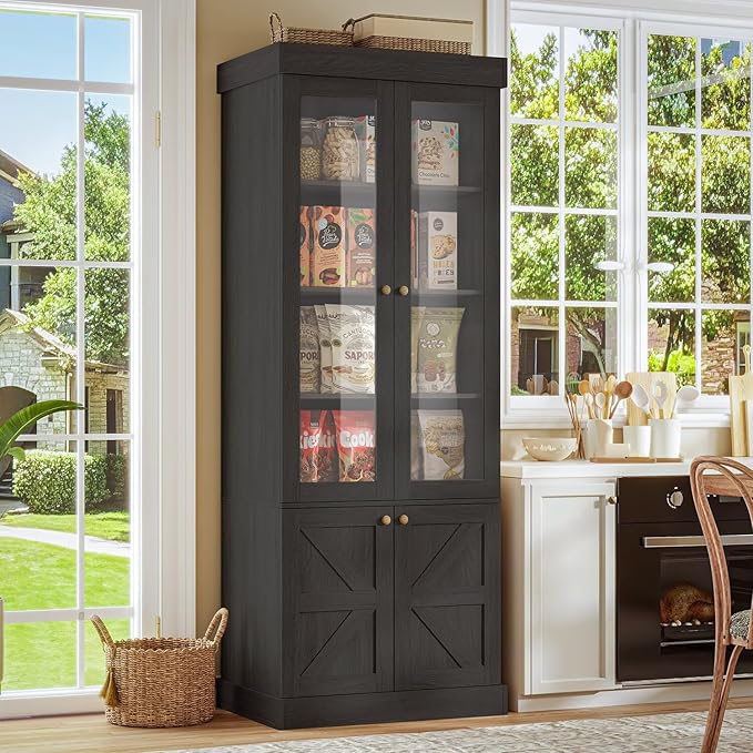Vyre 71" Tall Farmhouse Bookshelves with Glass Doors, Large Modular Bookcase with Adjustable Shelves, Storage Cabinet for Living Room, Kitchen, Home Office, Black