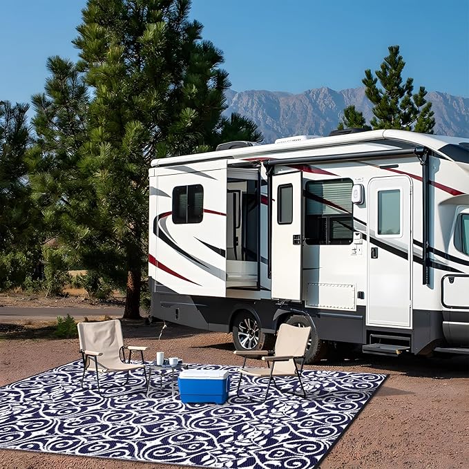 OLANLY Outdoor Rug Waterproof 9x12 ft Clearance, Reversible Outdoor Plastic Straw Rug with Floral Pattern, RV Mat for Patio, Camping, Balcony, Deck, Backyard, Navy & White