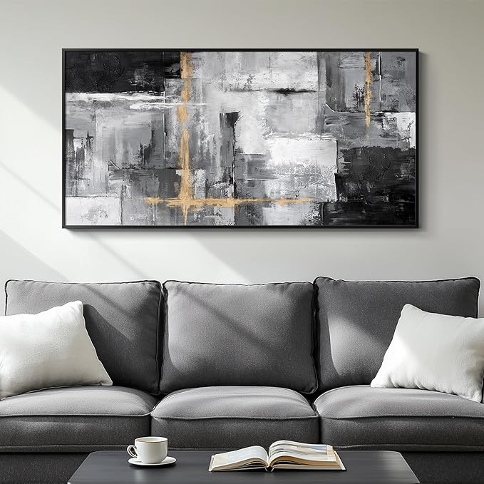 Framed Extra Large Abstract Wall Art for Living Room, Modern Horizontal Gray Canvas Prints Paintings Artwork for Walls, Black Grey Pictures for Hallway DiningRoom Bedroom Office Wall Decor Big Size 30x60 In