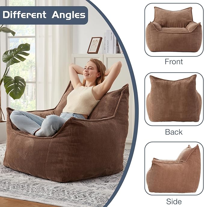 Giant Bean Bag Chair Sofa for Adults Teens, Comfy Corduroy Large Bean Bag Chairs with Armrests for Bedroom Living Room, Adult BeanBag Lazy Sofa Couch Chairs with Filler Included