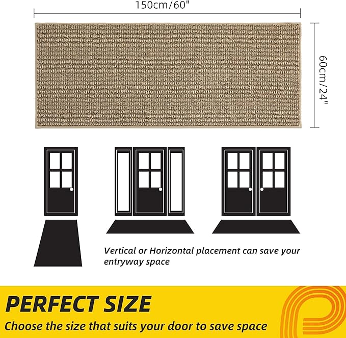 JSEI Dirt Trapper Door Mat 24"x60" Non-Slip Washable Entrance Mat, Dog Doormats, Absorbent & Fade-Resistant Floor Mats, Low Profile Welcome Mats for Entryway, Front Door, and Inside Entrance, Beige