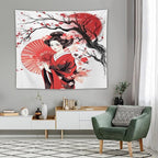 Japanese Red Geisha Tapestry Asian Cherry Blossom Traditional Kimono Folk Tapestries Home Decor for Living Room Bedroom Apartment Farmhouse Dorm 60"x50"